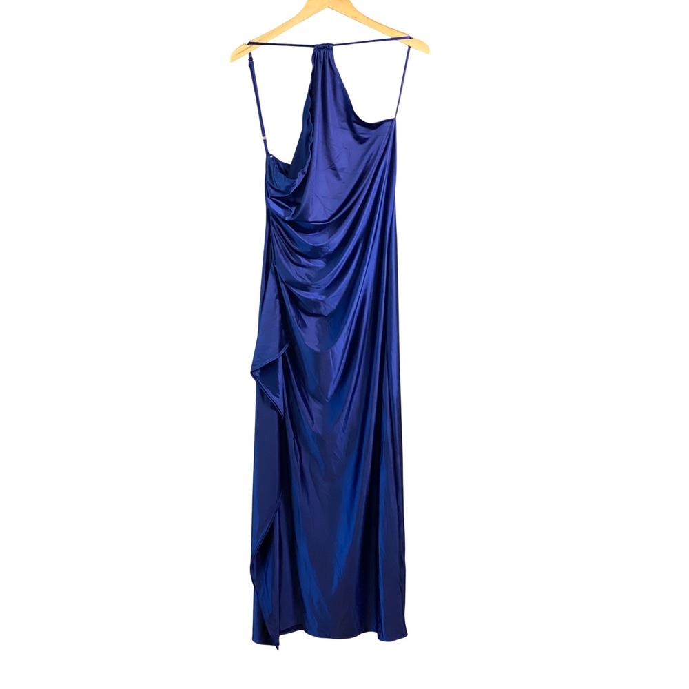 OYS Navy Blue One Shoulder Ruched Maxi Dress High Slit Formal Gown Size L NWT